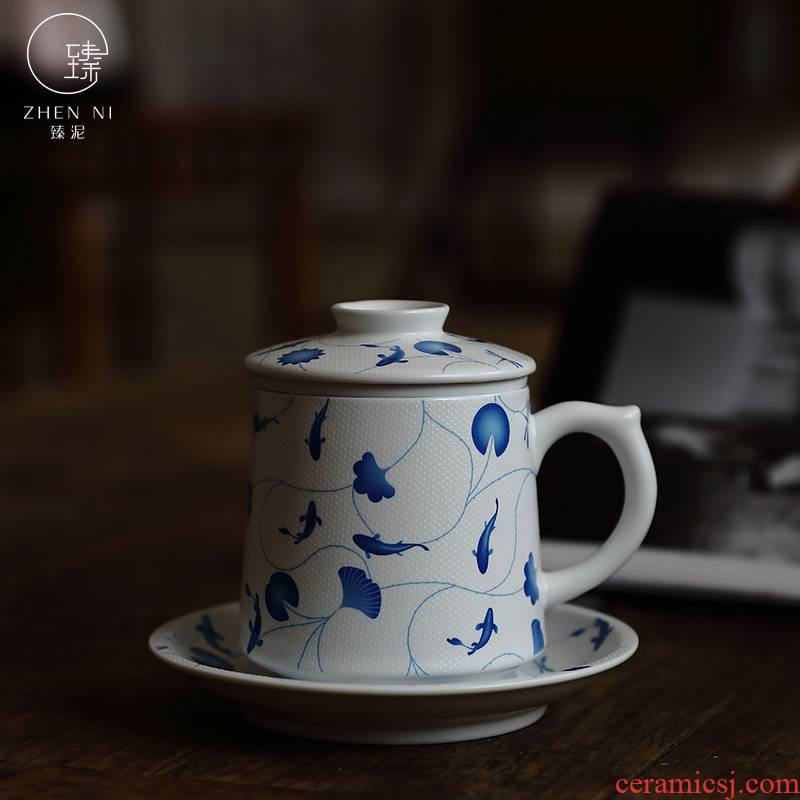 By mud office cup of jingdezhen blue and white porcelain teacup manual high - capacity mark cup with cover filter personal water bottle