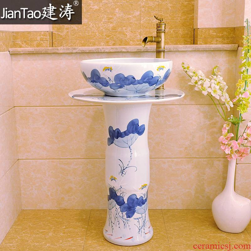 Tao basin of jingdezhen ceramic column set of art basin/ceramic column three - piece - basin - blue