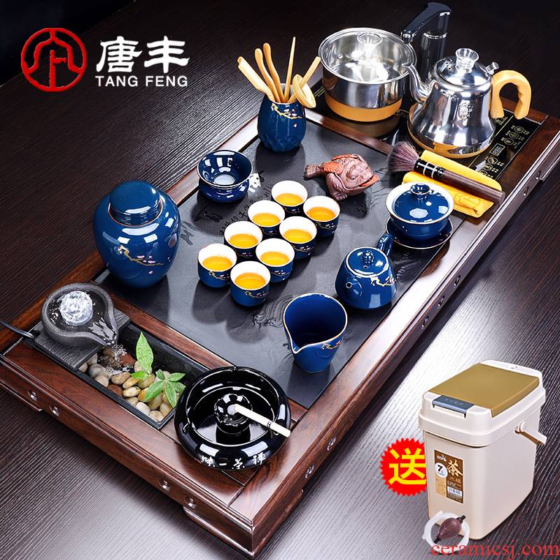 Tang Feng household ebony wood tea tray sets purple sand pottery and porcelain tea water device sharply stone tea Taiwan public