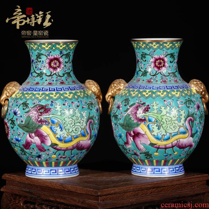 Jingdezhen imitation the qing qianlong year all checking quality blue bottom picture dragon ears trunk vases, antique collection furnishing articles
