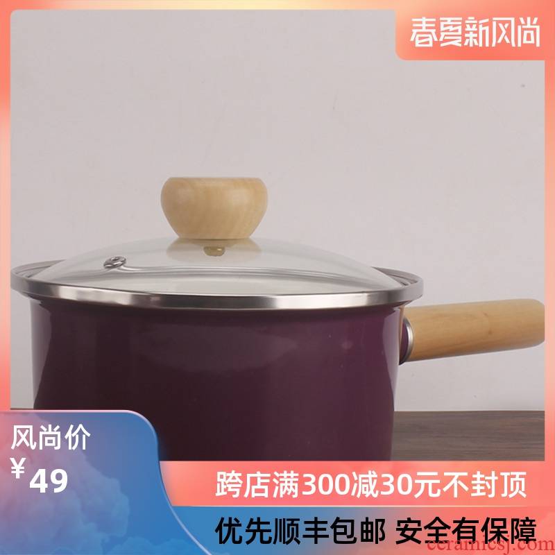 Japanese glass cover and single handle more lovely soup pot enamel pot enamel pot wooden handle milk pot