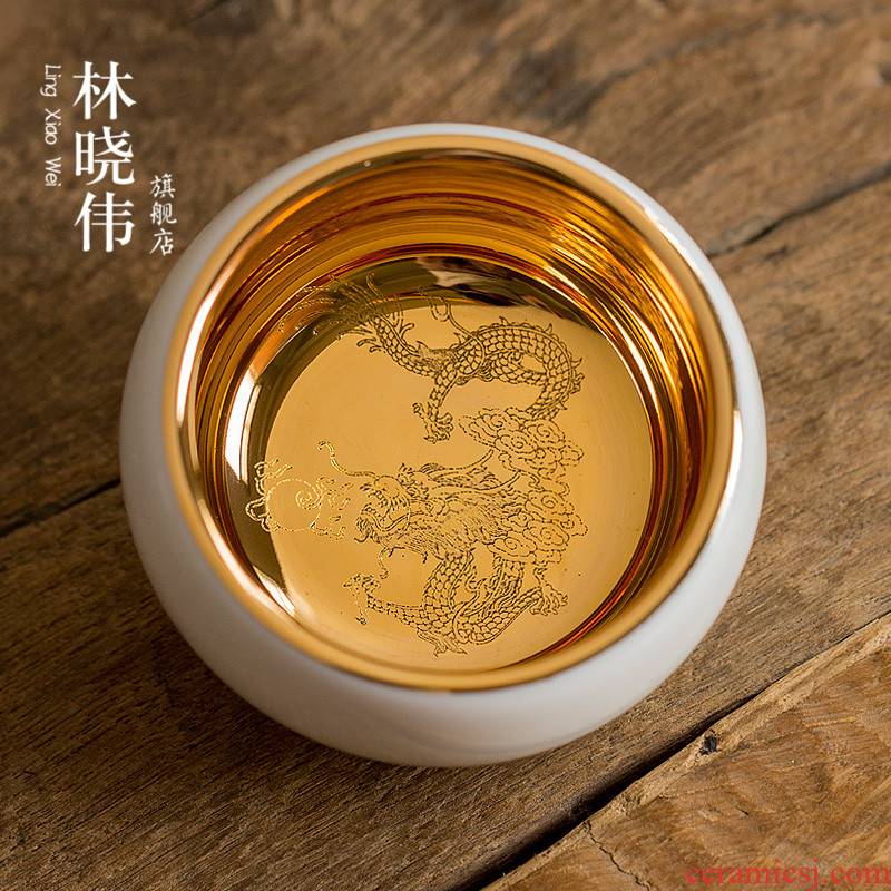 Lin Xiaowei 24 k pure gold cup suet jade white porcelain ceramic kung fu tea set checking fine gold yellow marigold masters cup