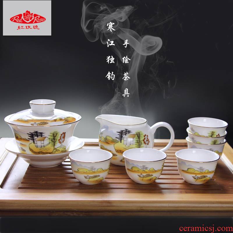 Ipads China kung fu tea tureen Tang Shanhong rose gift porcelain tureen cups of a complete set of ceramic tea set