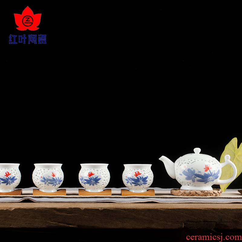 Red leaves home kung fu tea sets the whole porcelain of jingdezhen ceramics containing 5 head lotus cup teapot