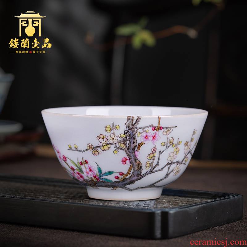 Jingdezhen ceramic pure hand draw pastel name plum large single master cup tea cup household kung fu tea set fragrance - smelling cup