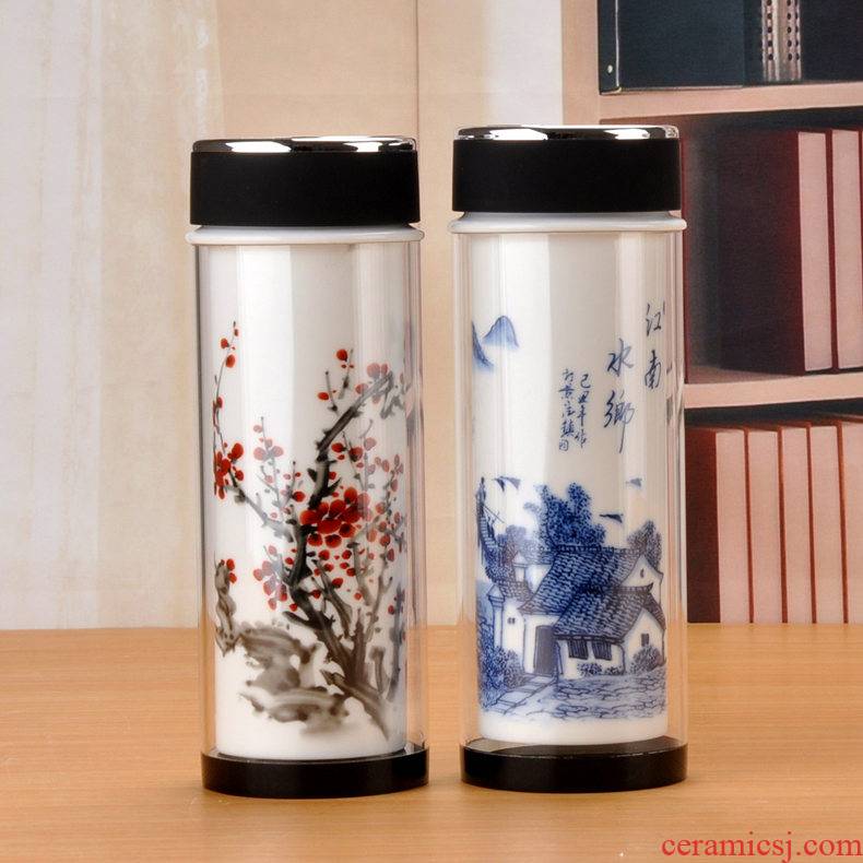 Jingdezhen ceramic ms office cup men 's double cup of water glass straight cup glass send friend the teacher