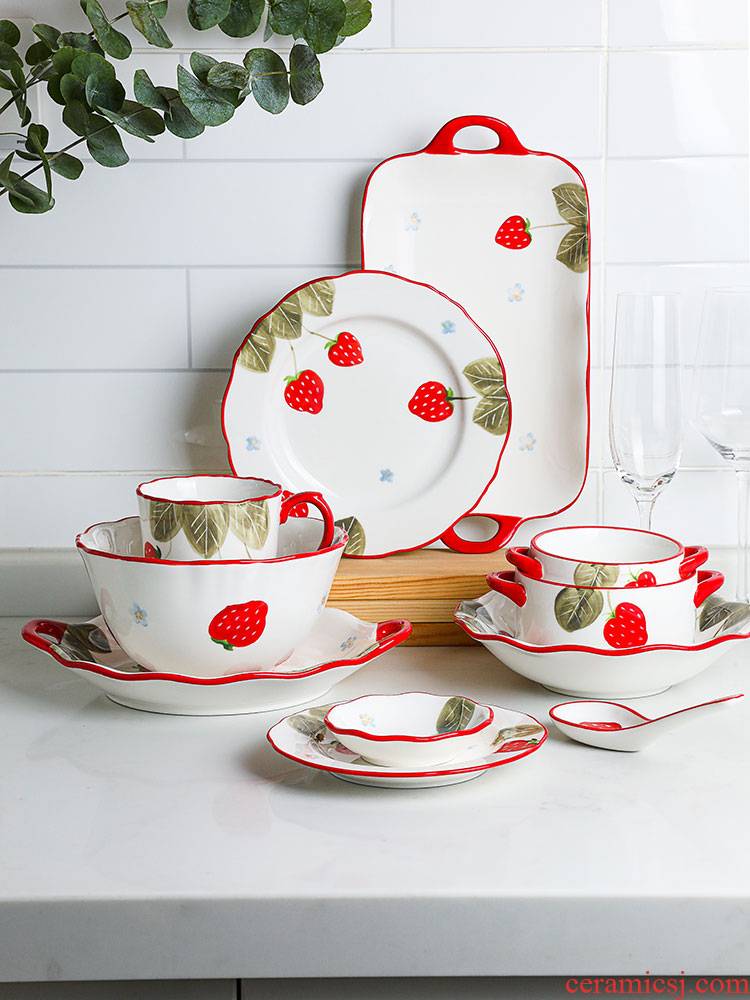Boss the month Xia Huan, lovely strawberry dishes Nordic network red household ceramic tableware to eat bowl of the big bowl dessert bowls