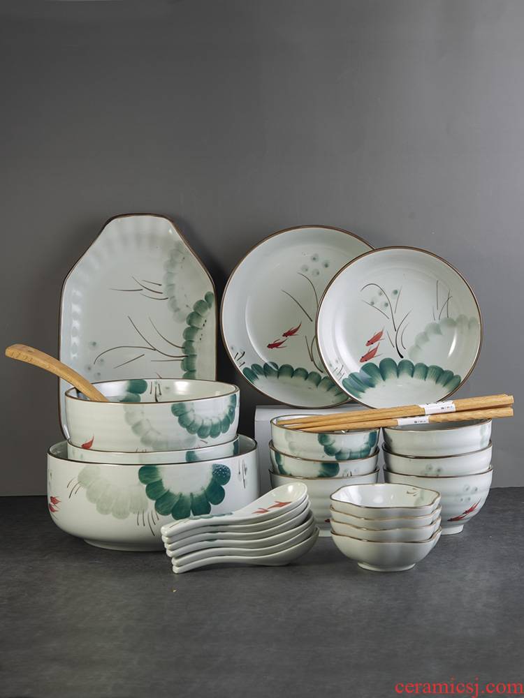 Four seasons and Japanese ceramic hand - made ink jiangnan suit bowl bowl disc plate combination of household porcelain run taste