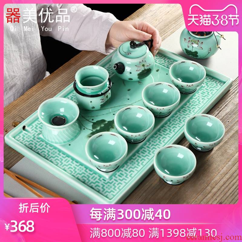 Implement the optimal product of jingdezhen ceramic hand - made lotus office tea set receives celadon kung fu tea cups
