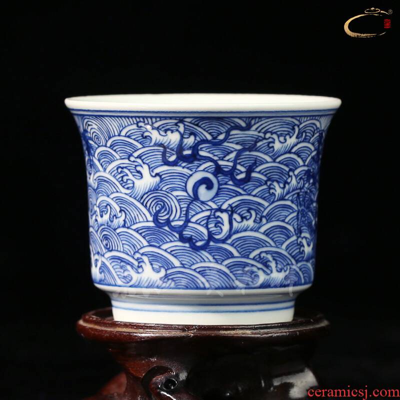Beijing DE jingdezhen blue and white sea grain and auspicious dragon cup manual sample tea cup masters cup ceramic kung fu tea cup