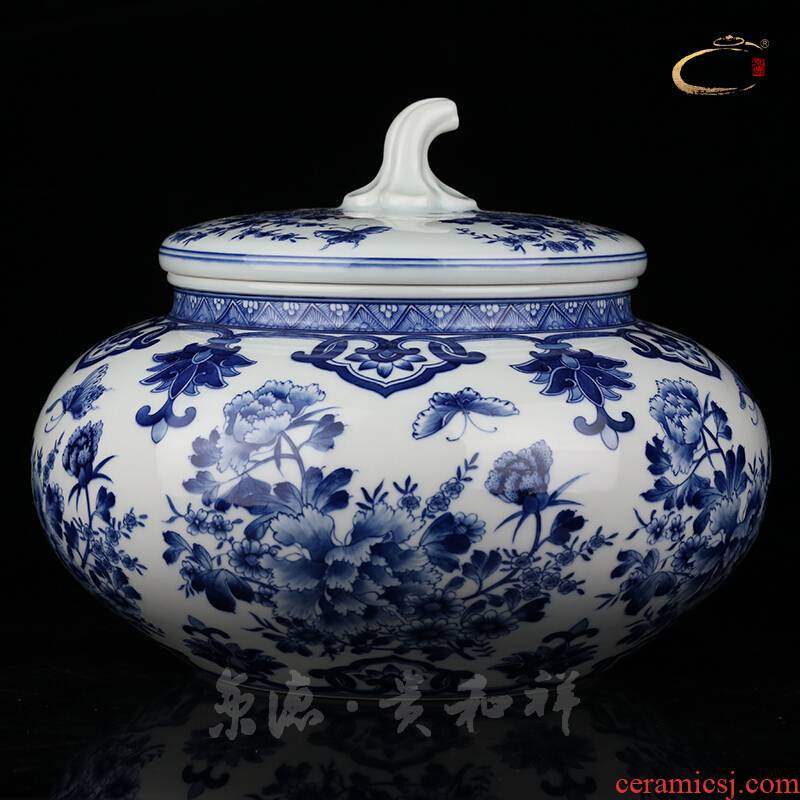 Beijing DE and auspicious all hand jingdezhen blue and white peony flower pot large store tea caddy fixings ceramic tea pot
