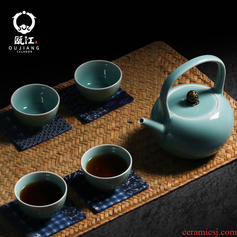Oujiang longquan celadon tea set 5 head of household ceramic teapot teacup moon azure gifts gift boxes
