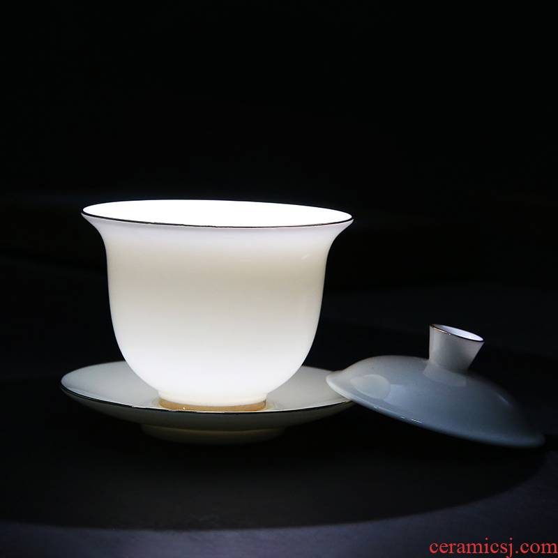 Suet white jade tureen ceramic cups household paint make tea bowl tureen dehua white porcelain and three cups
