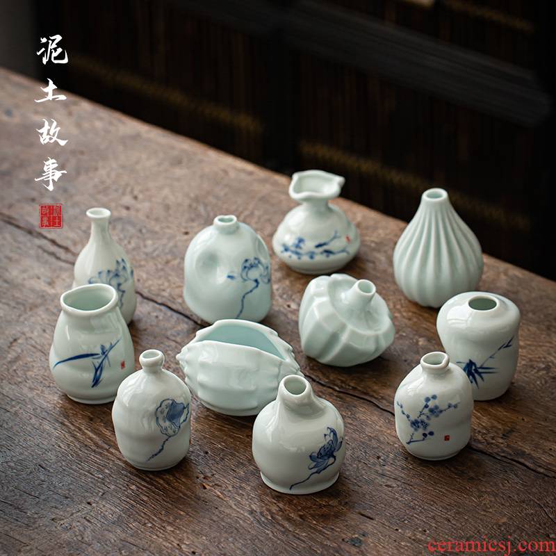 Earth story celadon hand - made mini flowers inserted a Japanese tea taking hand shadow blue glaze vase contracted cost