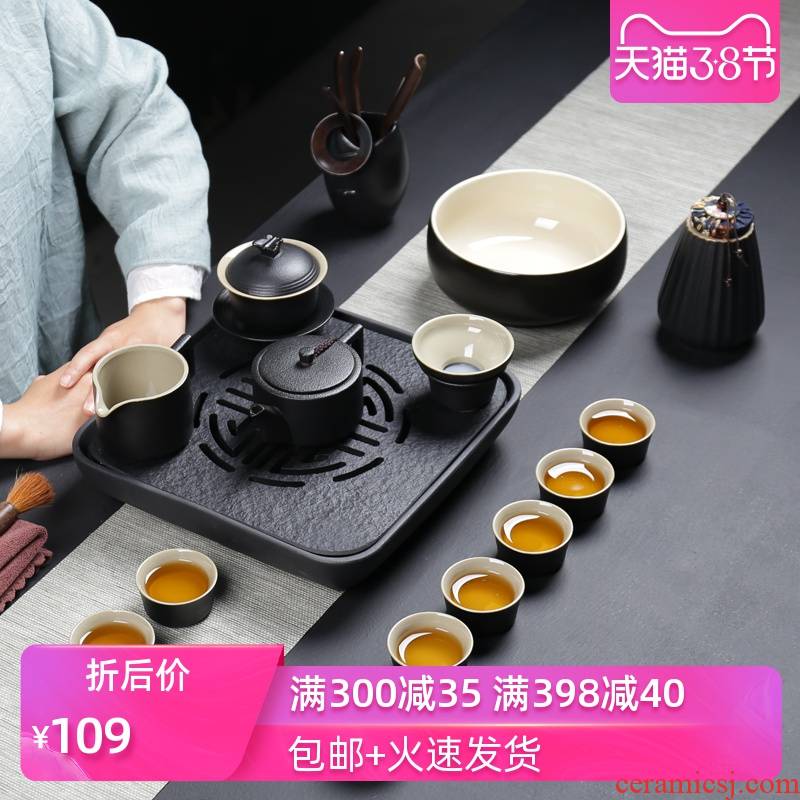 Poly real (sheng tea set household contracted Japanese kung fu tea set of black ceramic teapot teacup black sharply stone tea tray