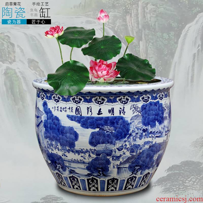 Jingdezhen ceramics carp cylinder hand - made ching painting large lotus lotus basin bowl lotus cylinder cylinder tortoise