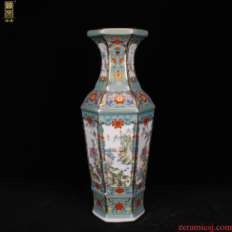 Jingdezhen six - party colored enamel vase imitation qianlong paint painting of flowers and new Chinese style living room decoration antique antique furnishing articles