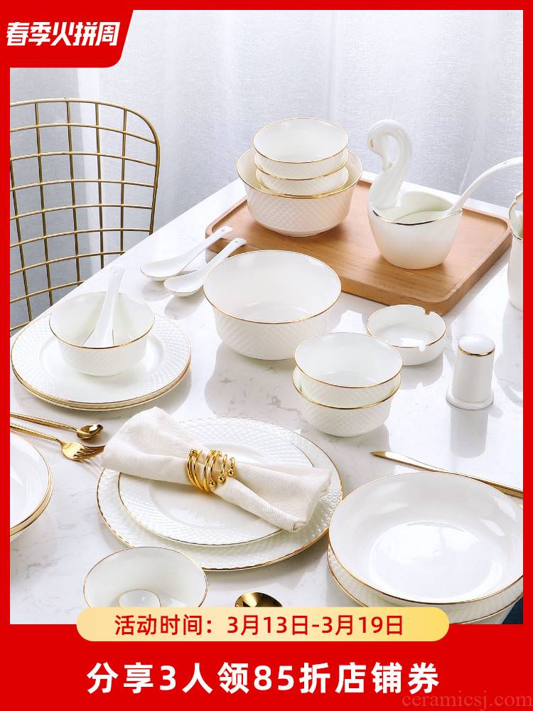 Xuan DE hall European dishes suit household jingdezhen ceramic tableware up phnom penh dish bowl chopsticks Jin Ling pure white ceramic bowl