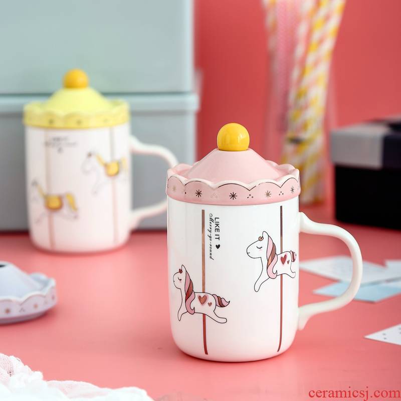 Merry - go - round cup Japanese mugs pink ceramic cup girl creative milk spoon keller around a coffee cup with cover