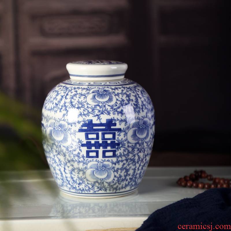 The View of song dynasty jingdezhen Chinese style restoring ancient ways storage tank put lotus flower happy character double happiness of blue and white porcelain pot nostalgic caddy fixings