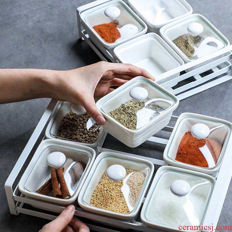 Kitchen salt sugar seasoning box of four integrated household monosodium glutamate seasoning can suit the Nordic ceramic condiments receive a case