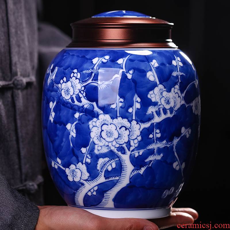 Jingdezhen blue and white porcelain hand - made caddy fixings sealed tank size 1 catty installed storage POTS tea set household moistureproof