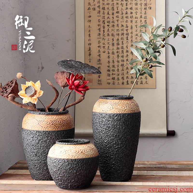 Jingdezhen checking coarse pottery xiangyun Chinese style of black pottery machine dry flower hydroponic flower pot furnishing articles pottery crispy noodles