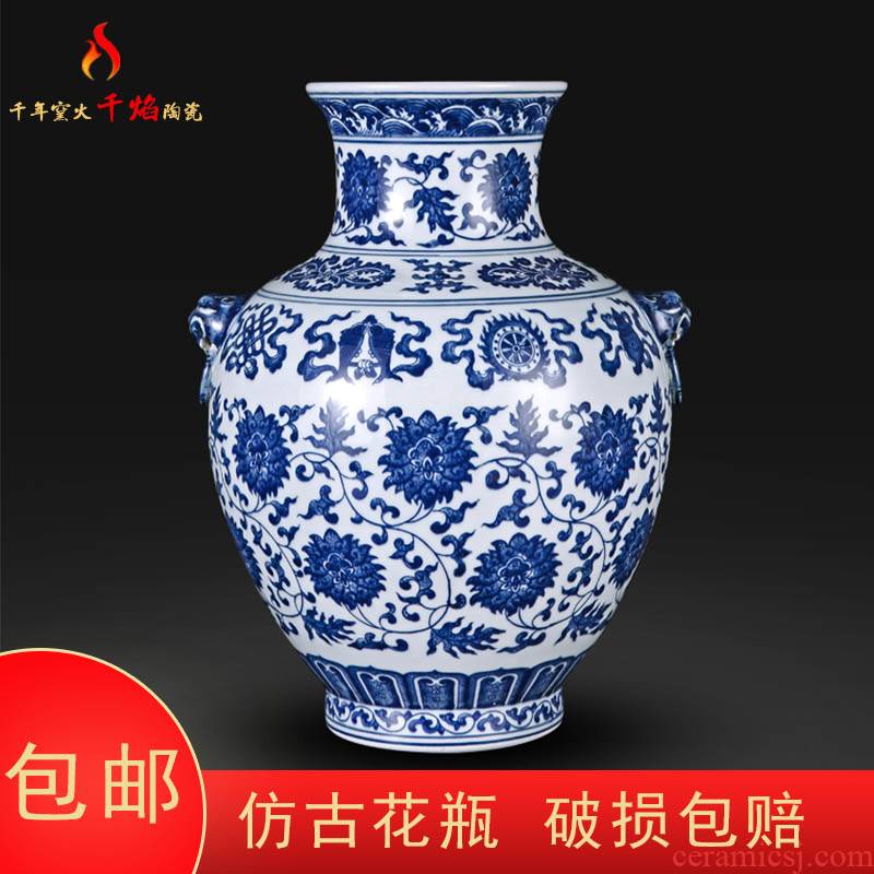 Jingdezhen ceramic hand - made put lotus flower ear vase of blue and white porcelain flower arranging rich ancient frame sitting room of Chinese style household furnishing articles
