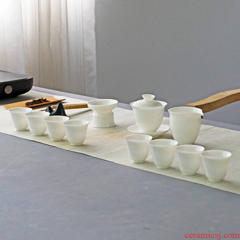 Jun ware dehua white porcelain tureen tea set a complete set of kung fu tea, lard white porcelain bowl with 12 sets