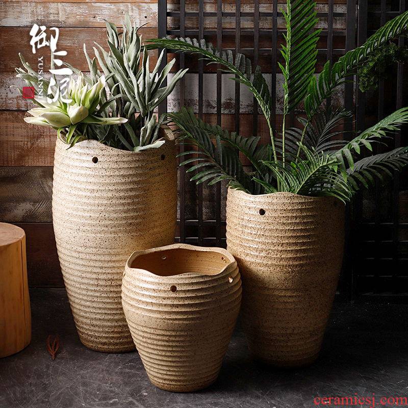 Retro coarse pottery flowerpot planting green plant pot art garden decorative dried flowers place jingdezhen hand basin