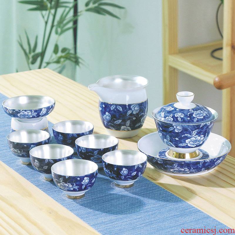 Xin arts edge ceramic coppering. As silver kung fu tea set a complete set of tea cups lid bowl of blue and white porcelain tea set