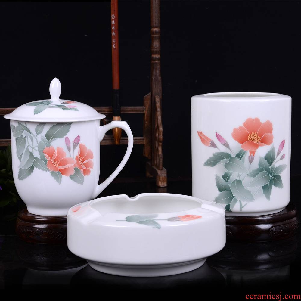 Thousand red up hula under the liling glaze colorful porcelain brush pot three - piece ashtray cup office gift box package