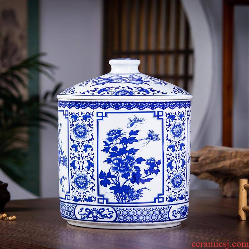 Jingdezhen ceramic seal as cans of blue and white porcelain tea caddy fixings bread seven storage barrel drum extra large household decoration