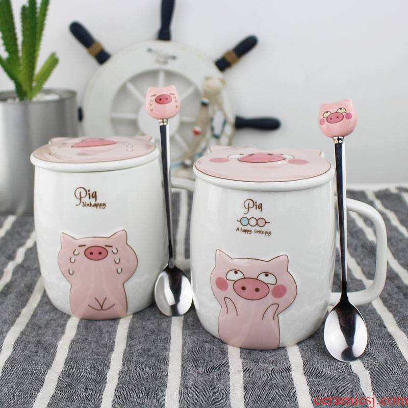 Cup one creative express cartoon pig mugs pink girl heart spoon glass ceramic Cup with cover
