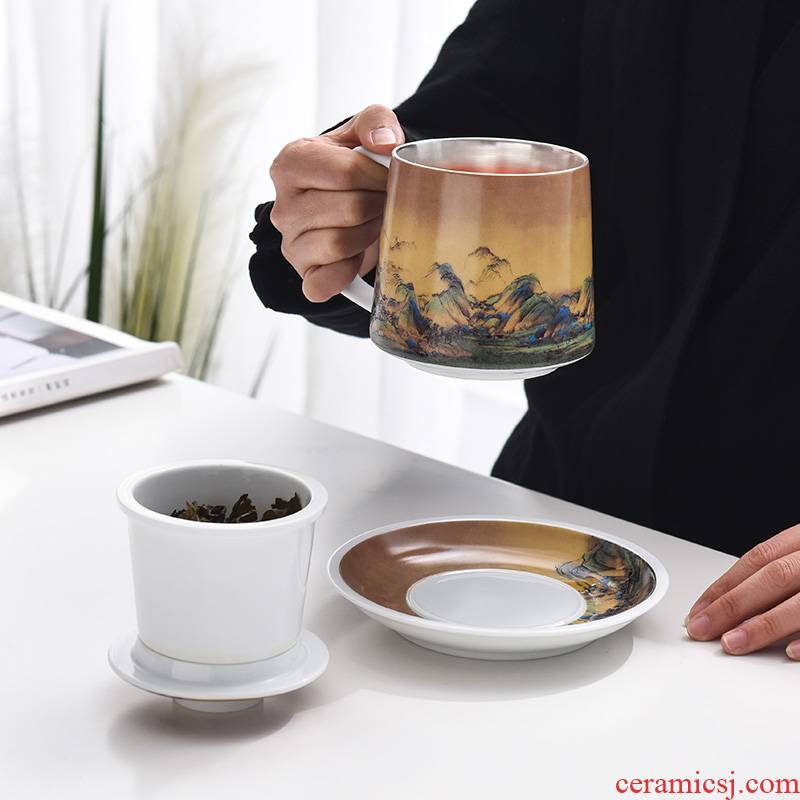 Jingdezhen ceramic cup silver cup 999 sterling silver cup with cover office filtration separation of tea tea cup