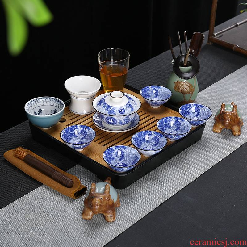 Suet kung fu tea set a complete set of pad printing of blue and white porcelain tea set tea tureen teapot teacup household ceramics