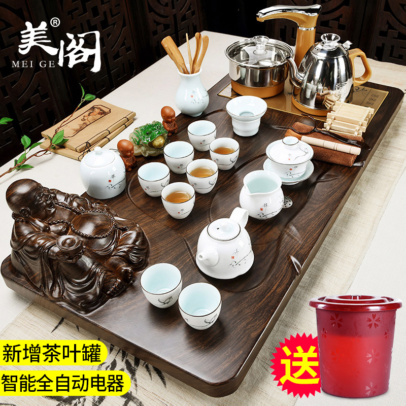 Beauty cabinet contracted and I tea set suits for domestic violet arenaceous kung fu ceramic solid wood tea set tea taking of a complete set of automatic