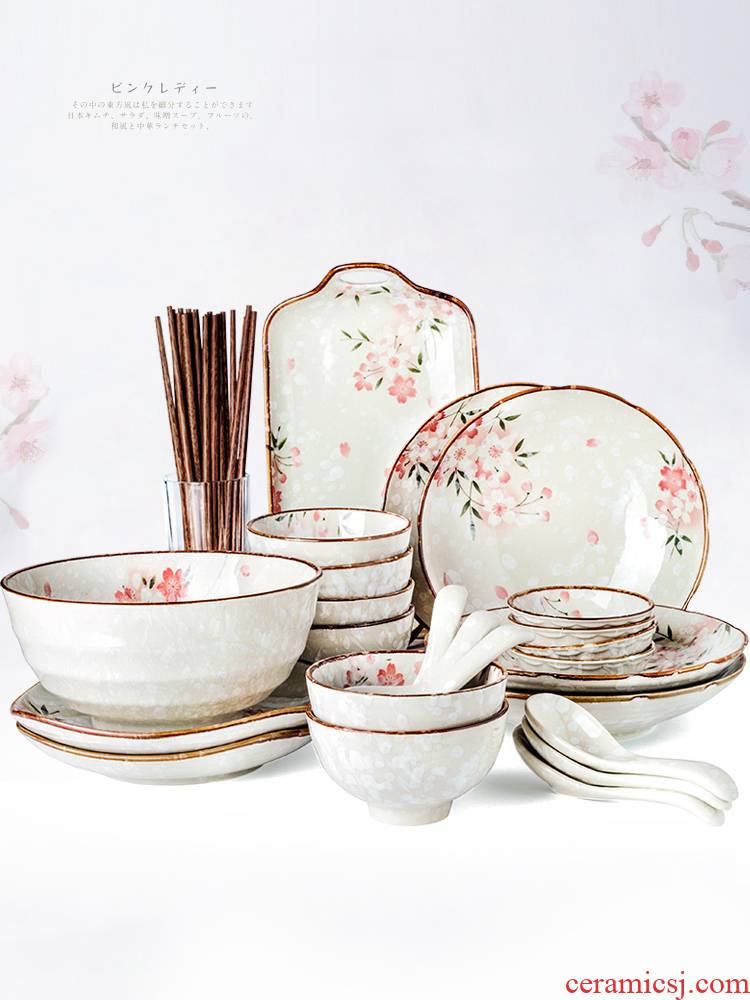 Porcelain color beauty 6 people eat Japanese cherry blossom put ceramic bowl suit household jobs 0 dishes tableware suit the soup bowl