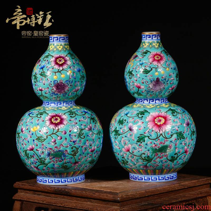 Jingdezhen ceramics archaize the qing qianlong colored enamel paint gourd vases, Chinese style living room handicraft furnishing articles