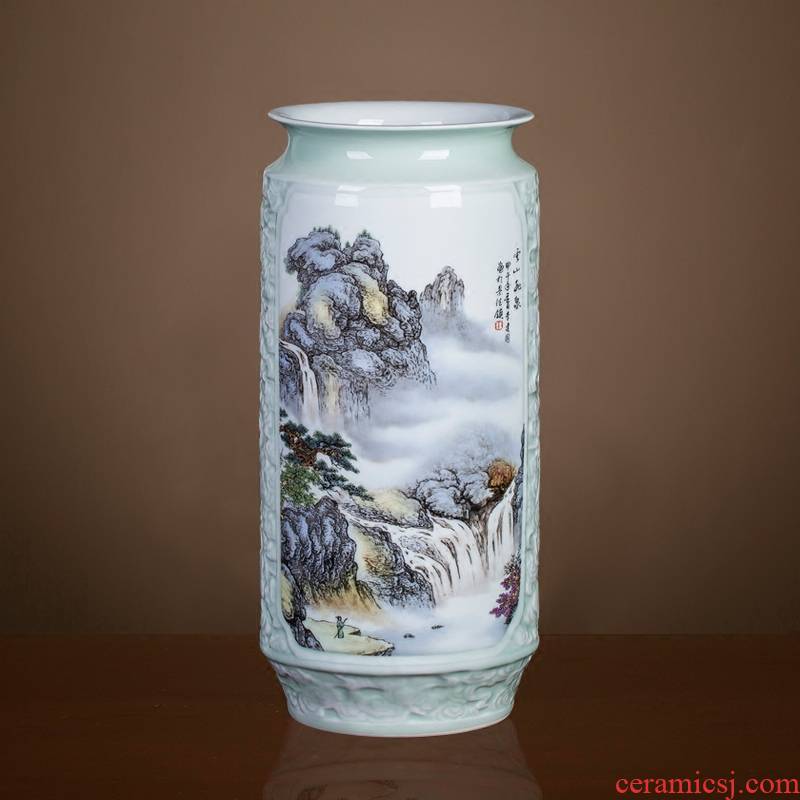 Jingdezhen ceramics antique Chinese landscape painting vase home sitting room adornment is placed on the calligraphy and painting scroll cylinder