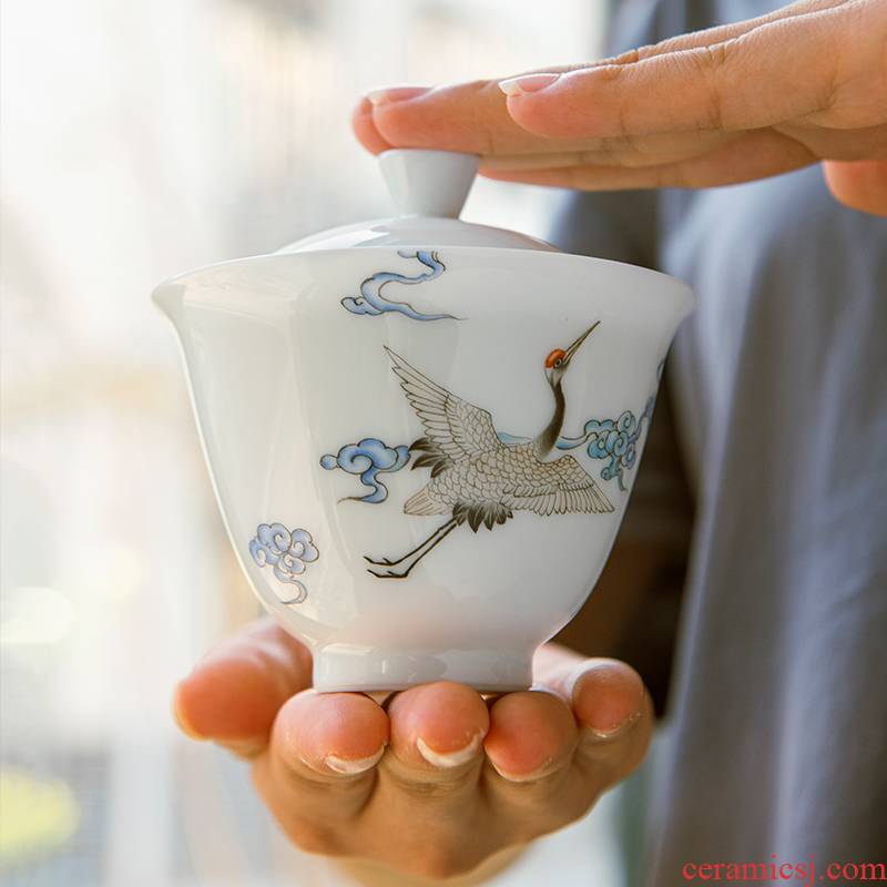 JingLan jingdezhen ceramic tureen kung fu tea cup hand - made xiangyun cranes high - grade hand - made gift set