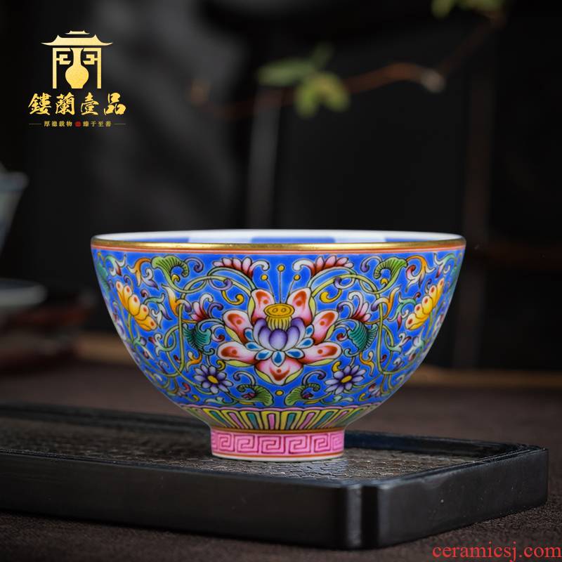 Jingdezhen ceramic hand - made blue colored enamel inside to treasure phase flower cup cup single sample tea cup cup kung fu master