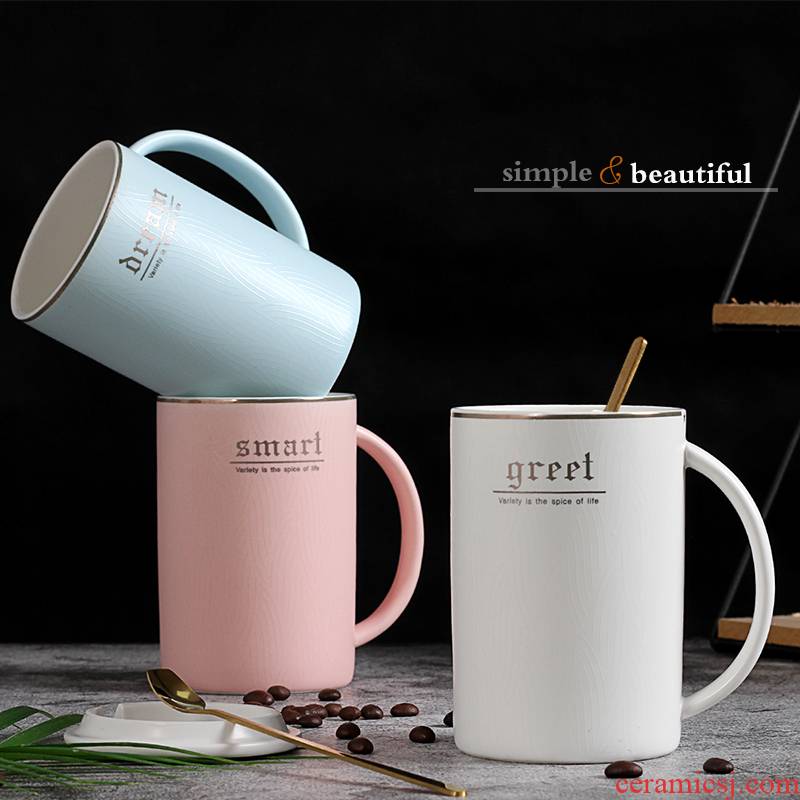 Creative mugs contracted with cover glass ceramics with grain teaspoons of office coffee cup large capacity cup men and women