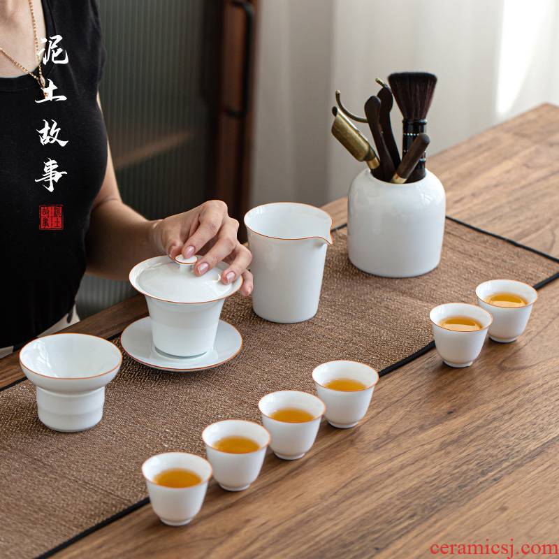 Earth story jingdezhen sweet white porcelain paint edge kung fu tea set tea teapot teacup