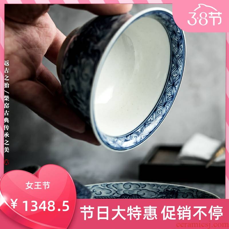Poly real scene of jingdezhen blue and white tureen longteng grain pure manual hand - made maintain three tureen kung fu tea tea bowl