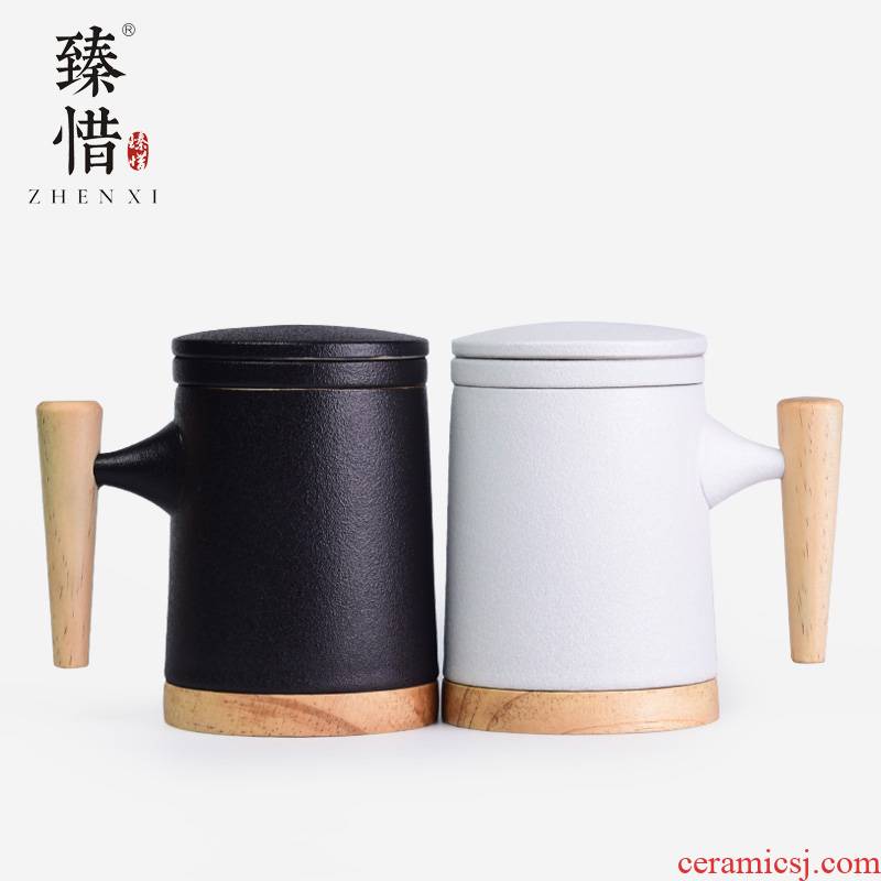 Become precious little wooden handle, ceramic filter mark cup with cover teacup large - capacity glass tea cup home office