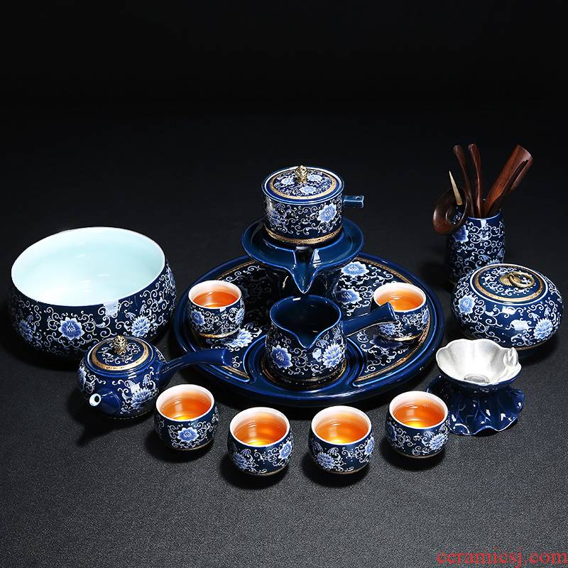 Blue and white porcelain tea set manual tasted silver gilding automatic Chinese style household kung fu tea set the pot of ceramic tea cup