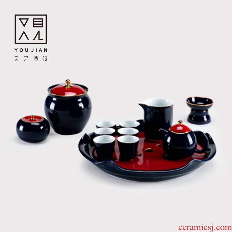 A complete set of kung fu tea set household contracted large set of ceramic cups zen tea tea tray was sitting room office