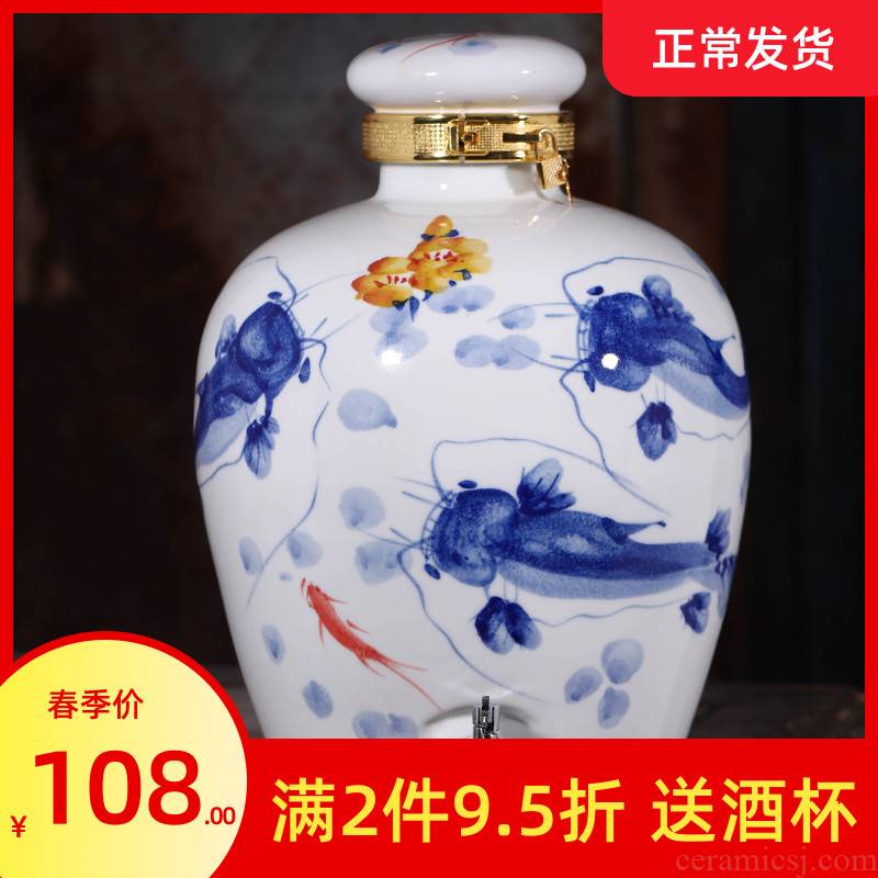 Jingdezhen ceramic jar 10 jins 20 jins 50 kg 100 jins of blue and white porcelain it household seal wine jar