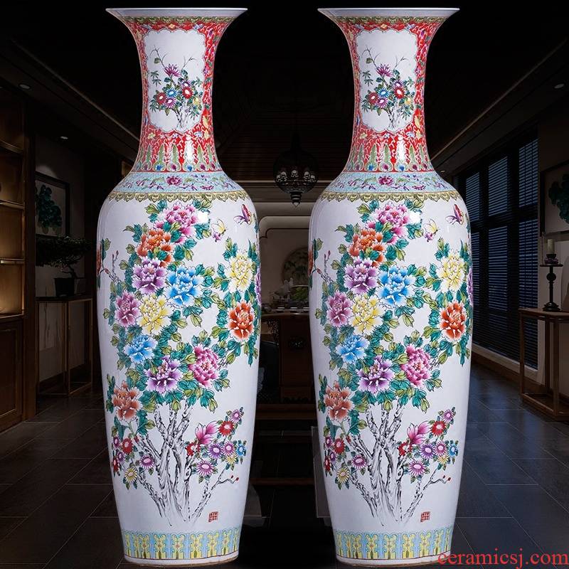 Jingdezhen ceramics powder enamel handpainted big vase landed large sitting room the hotel Chinese style adornment is placed at the feel